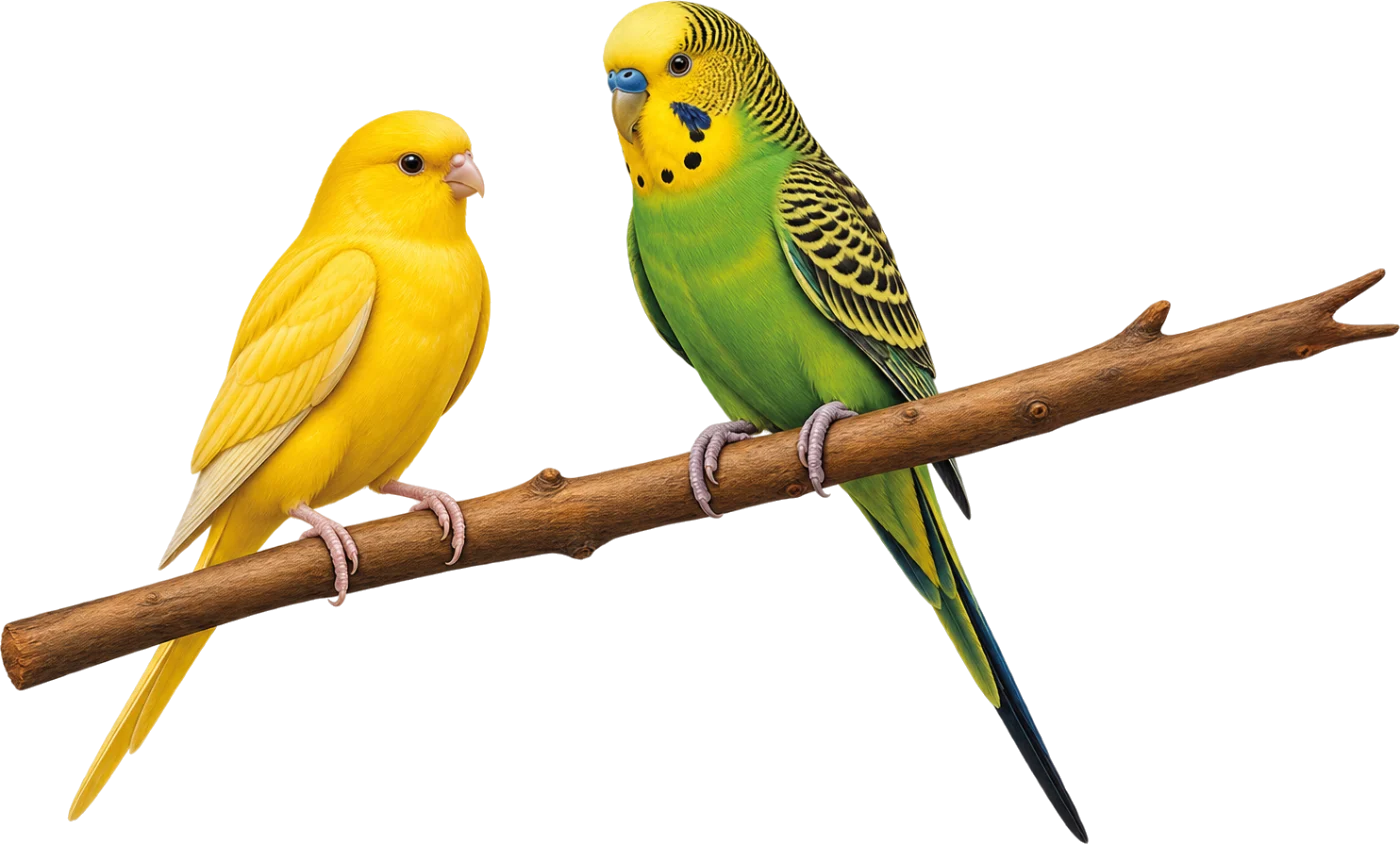 Un canario amarillo y un periquito verde sobre una rama