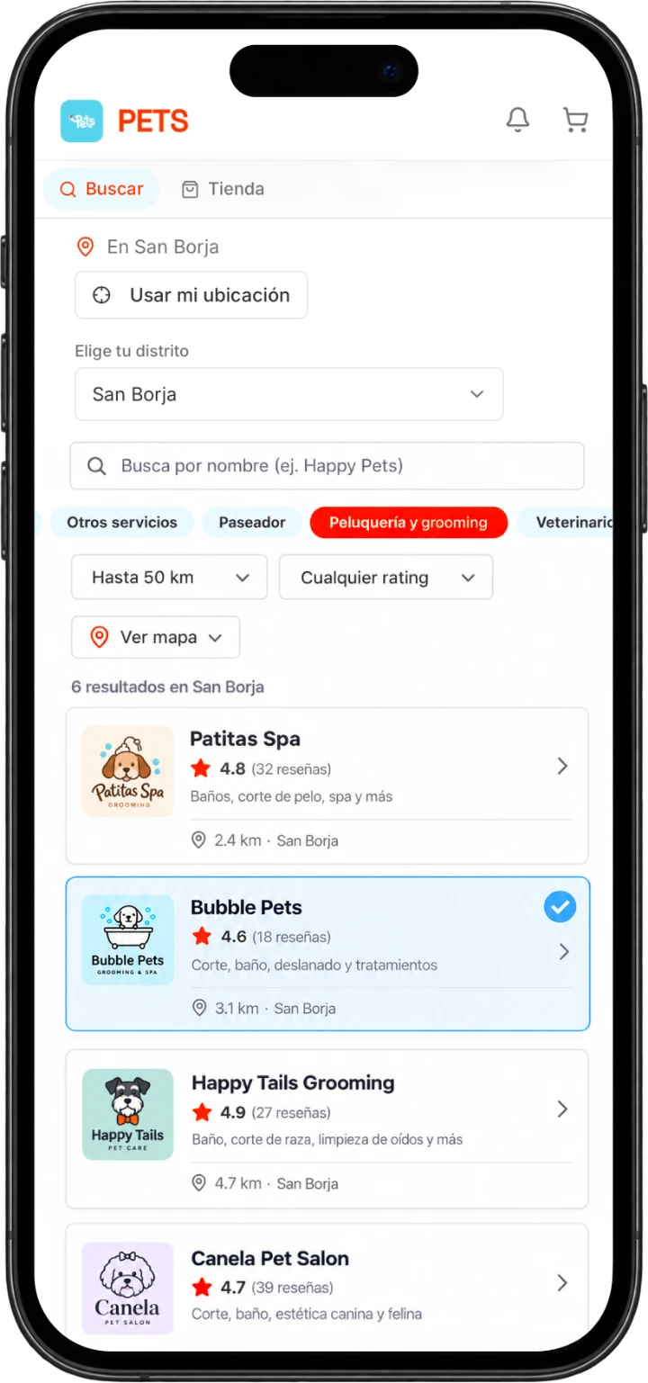 Pantalla de la app: busca cerca de ti