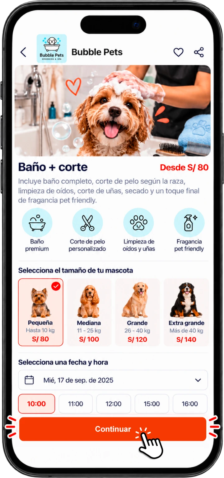 Pantalla de la app: elige servicio, tamaño y horario
