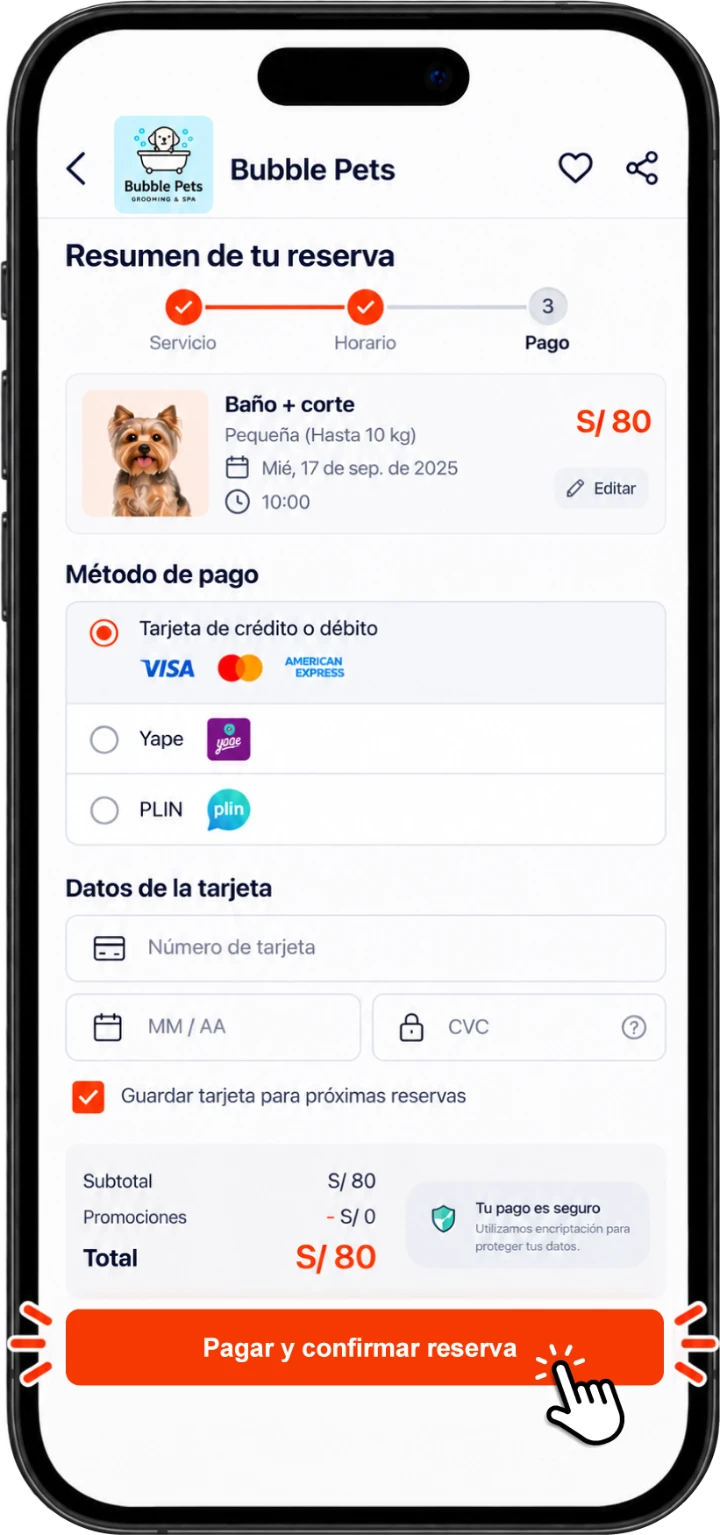 Pantalla de la app: paga seguro desde pets