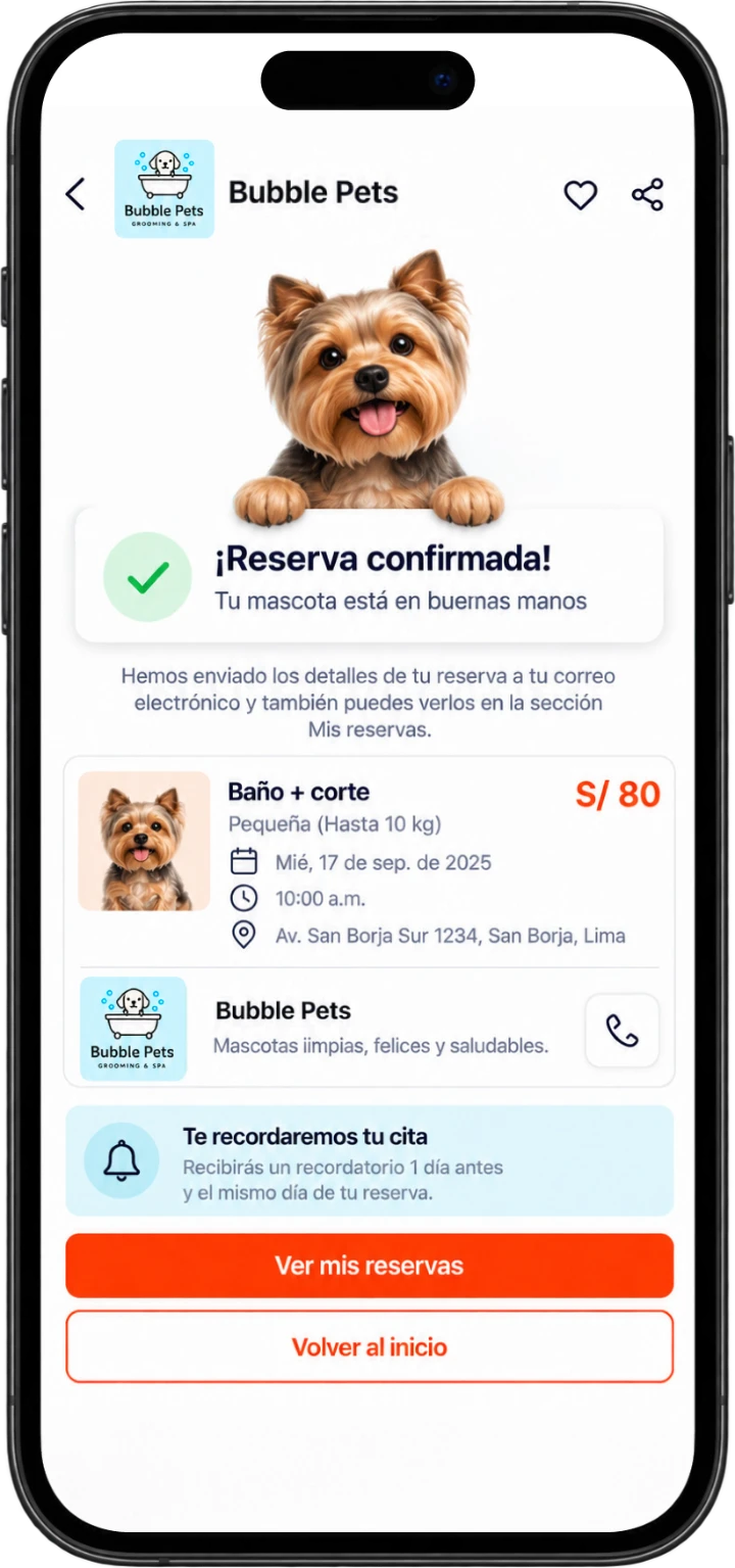 Pantalla de la app: reserva confirmada